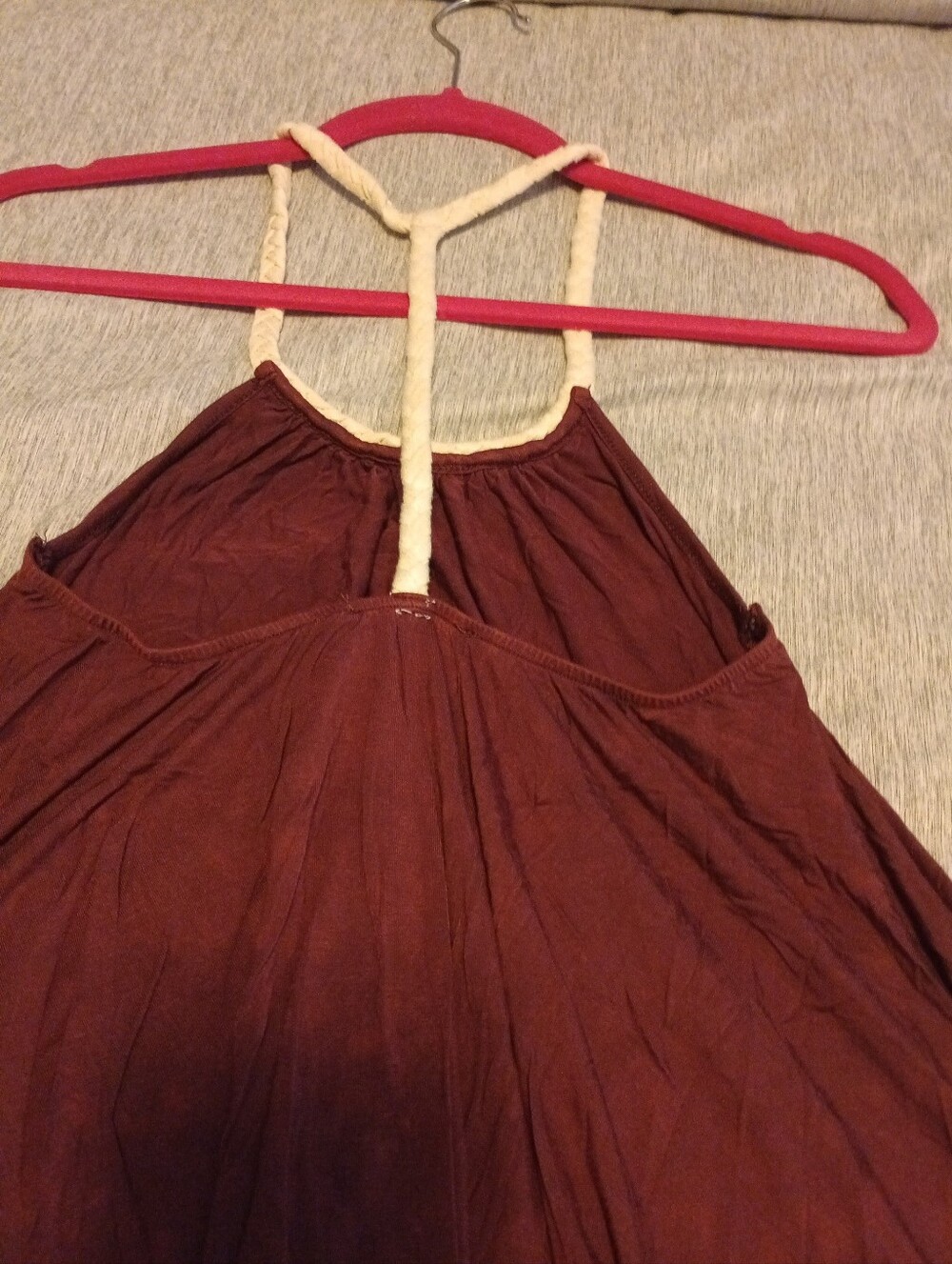 POL Braided Razor Back Halter Dress Size Small Handkerchief Hem Burgundy Boho - Picture 3 of 5